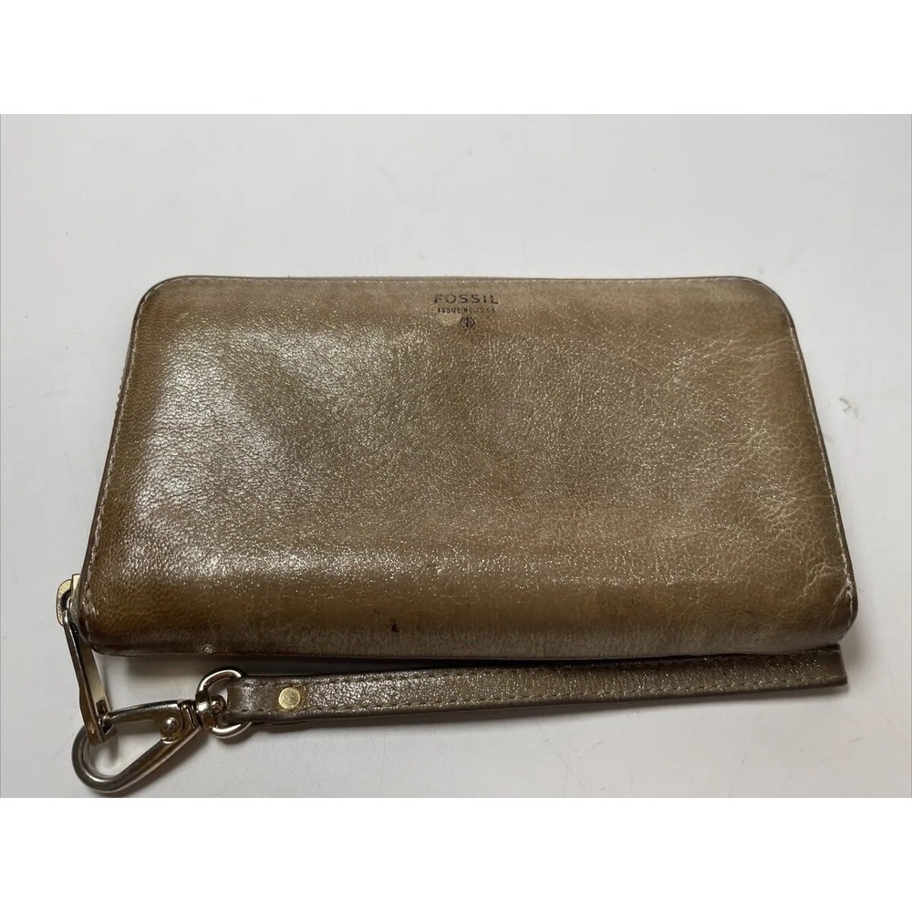 Fossil Cowhide Leather Wristlet Zip Wallet Tan Gold Metallic